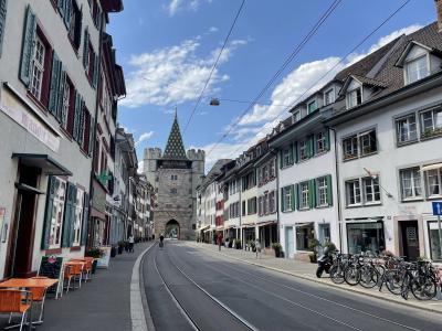 Looking back down the street to the the Spalentor (Basel city gates).