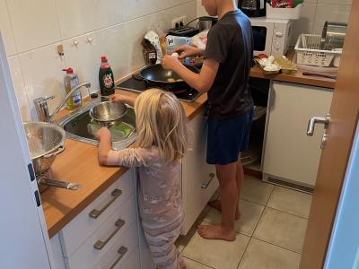 Tiny kitchen dinner prep.